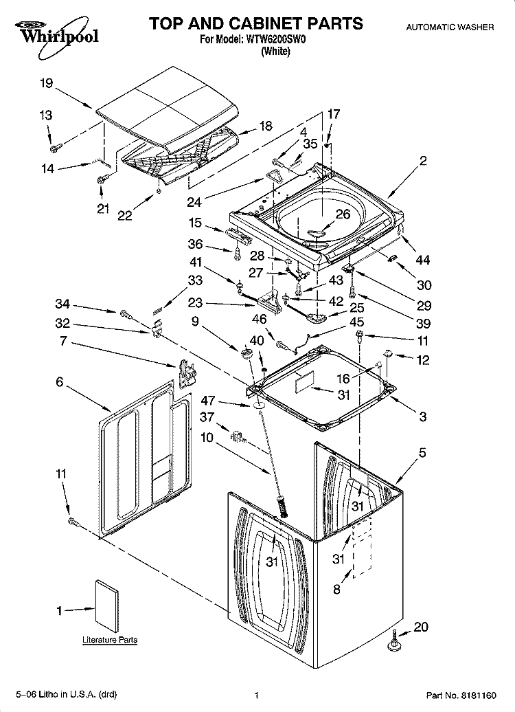 TOP AND CABINET PARTS Diagram and Parts List for WTW6200SW0  Whirlpool Washer