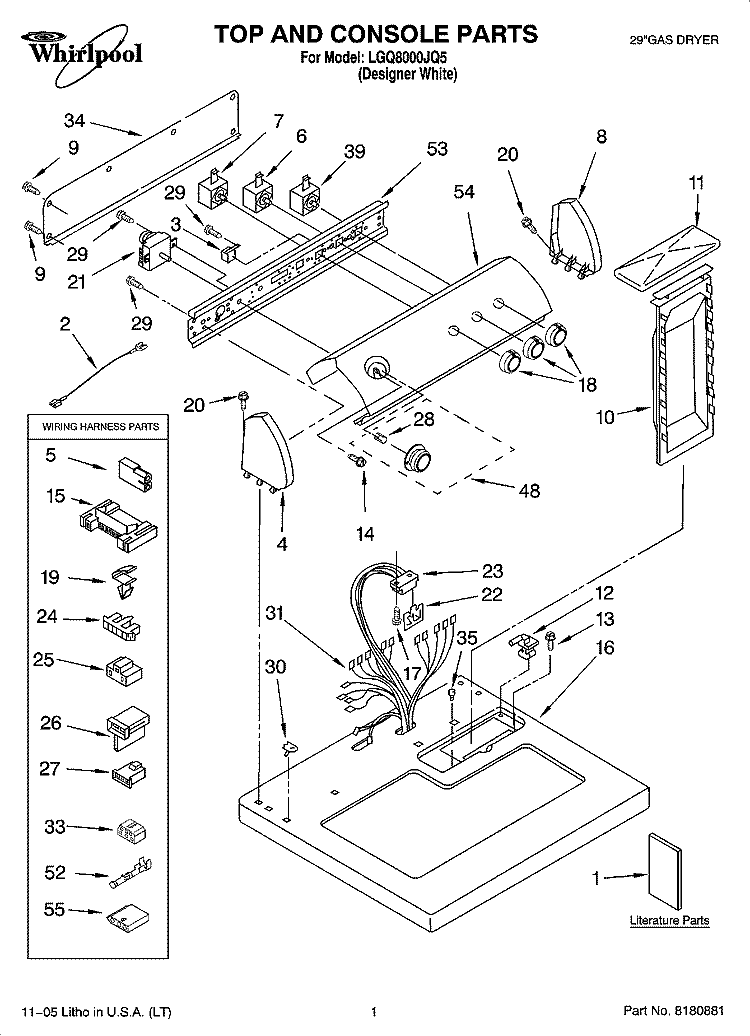 TOP AND CONSOLE PARTS Diagram and Parts List for LGQ8000JQ5  Whirlpool Dryer
