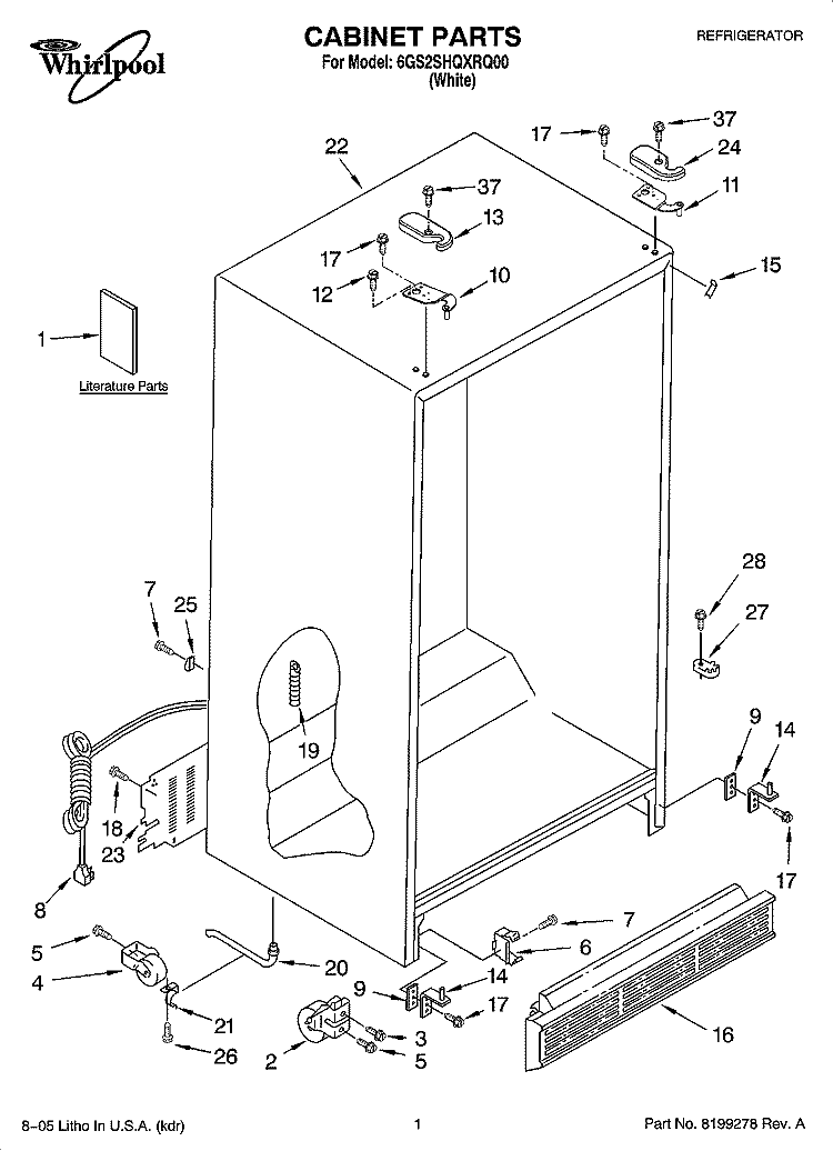 CABINET PARTS Diagram and Parts List for 6GS2SHQXRQ00  Whirlpool Refrigerator