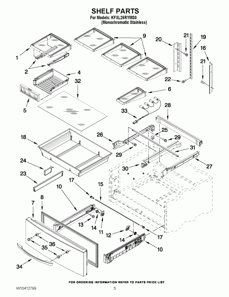 SHELF PARTS Diagram and Parts List for KFXL25RYMS0  KitchenAid Refrigerator