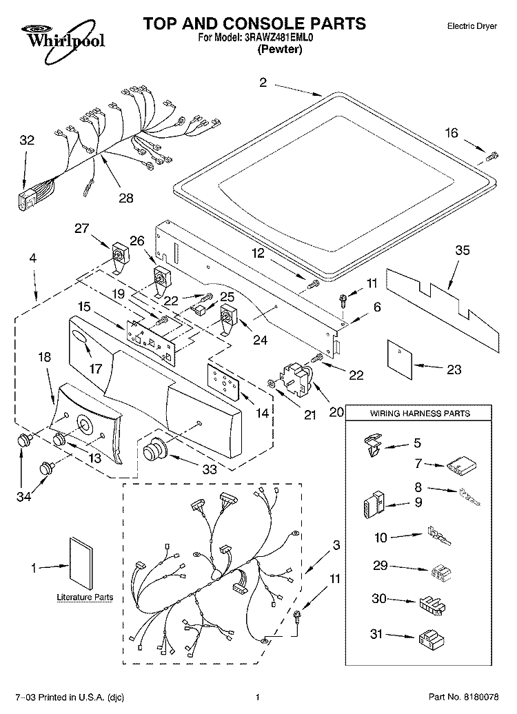 TOP AND CONSOLE PARTS Diagram and Parts List for 3RAWZ481EML0  Whirlpool Dryer