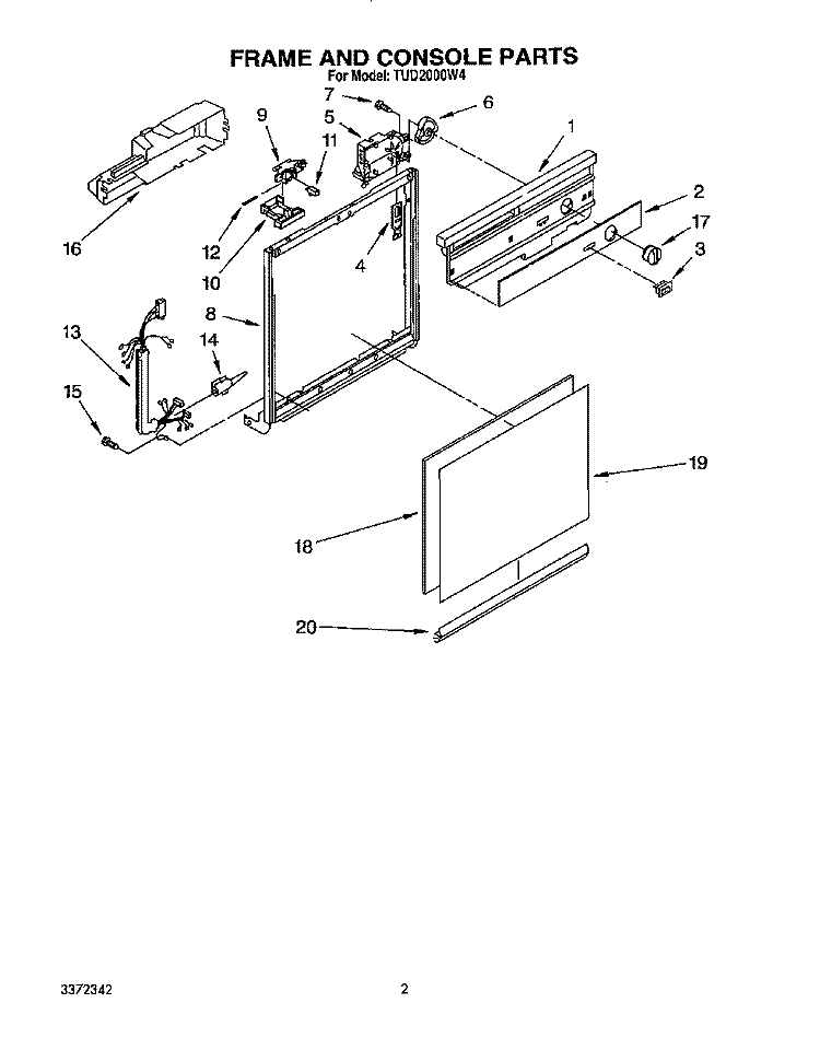 FRAME AND CONSOLE Diagram and Parts List for TUD2000W4  Whirlpool Dishwasher
