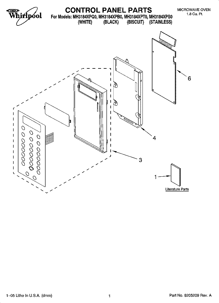 CONTROL PANEL PARTS Diagram and Parts List for MH3184XPS0  Whirlpool Microwave
