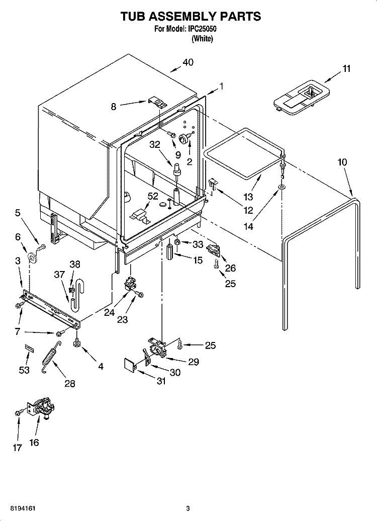 TUB ASSEMBLY PARTS Diagram and Parts List for IPC25050  Inglis Dishwasher
