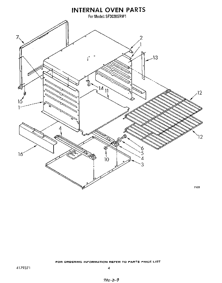 INTERNAL OVEN Diagram and Parts List for SF3020SRW1  Whirlpool Range