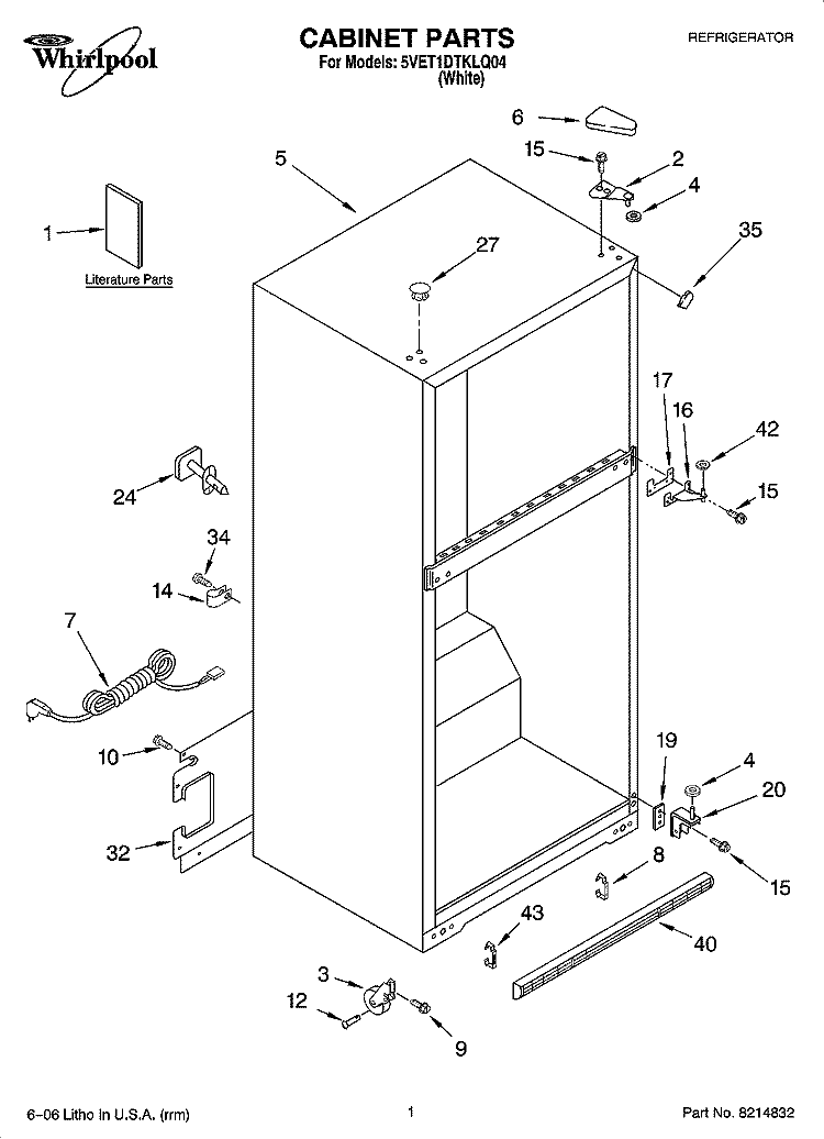 CABINET PARTS Diagram and Parts List for 5VET1DTKLQ04  Whirlpool Refrigerator