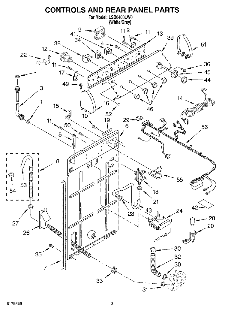CONTROLS AND REAR PANEL Diagram and Parts List for LSB6400LW0  Whirlpool Washer