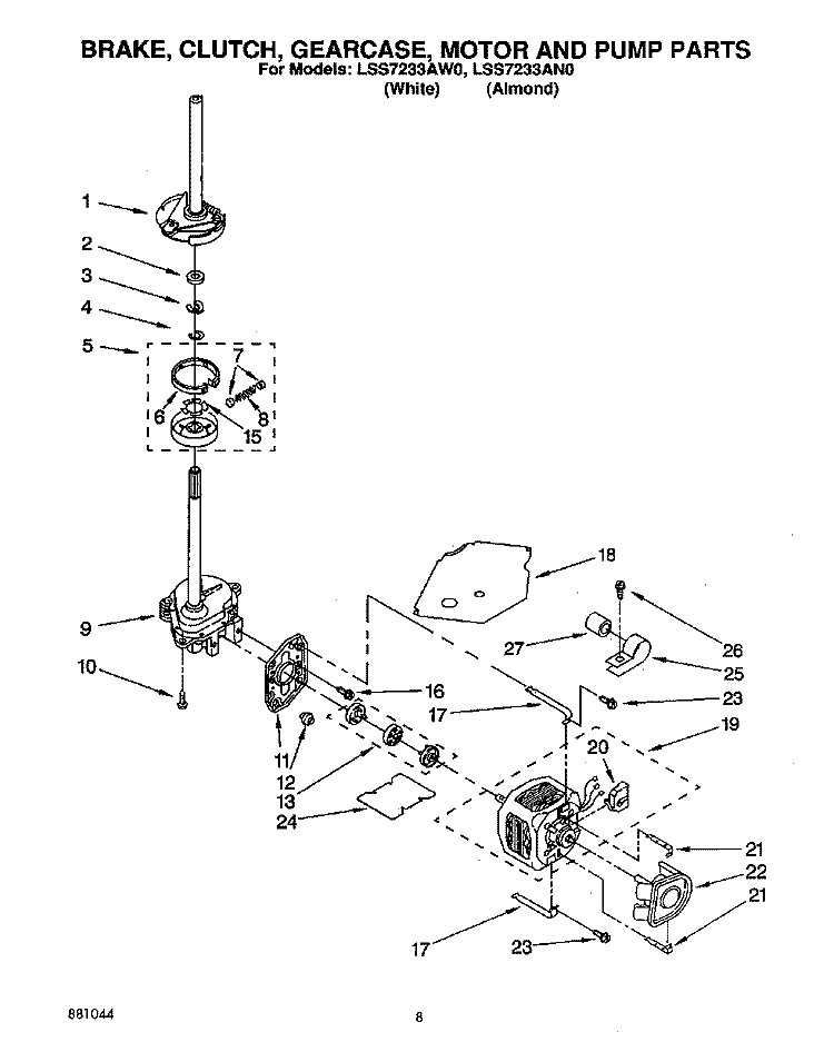 BRAKE, CLUTCH, GEARCASE, MOTOR AND PUMP Diagram and Parts List for LSS7233AN0  Whirlpool Washer
