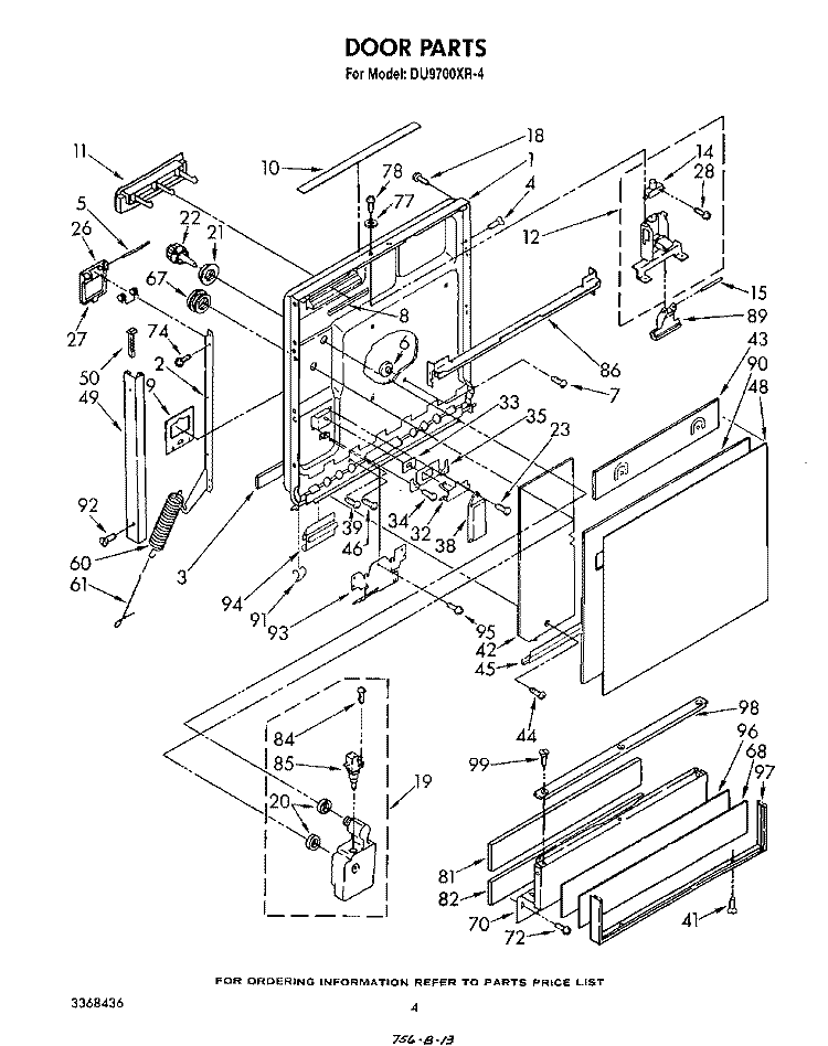 DOOR Diagram and Parts List for DU9700XR4  Whirlpool Dishwasher