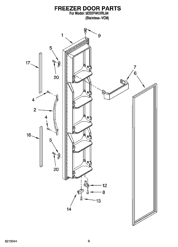 FREEZER DOOR PARTS Diagram and Parts List for 5ED2FHKXRL04  Whirlpool Refrigerator