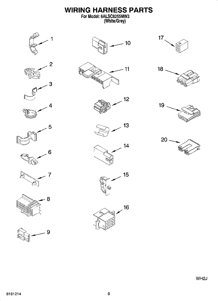 WIRING HARNESS PARTS Diagram and Parts List for 6ALSC8255MW3  Whirlpool Washer