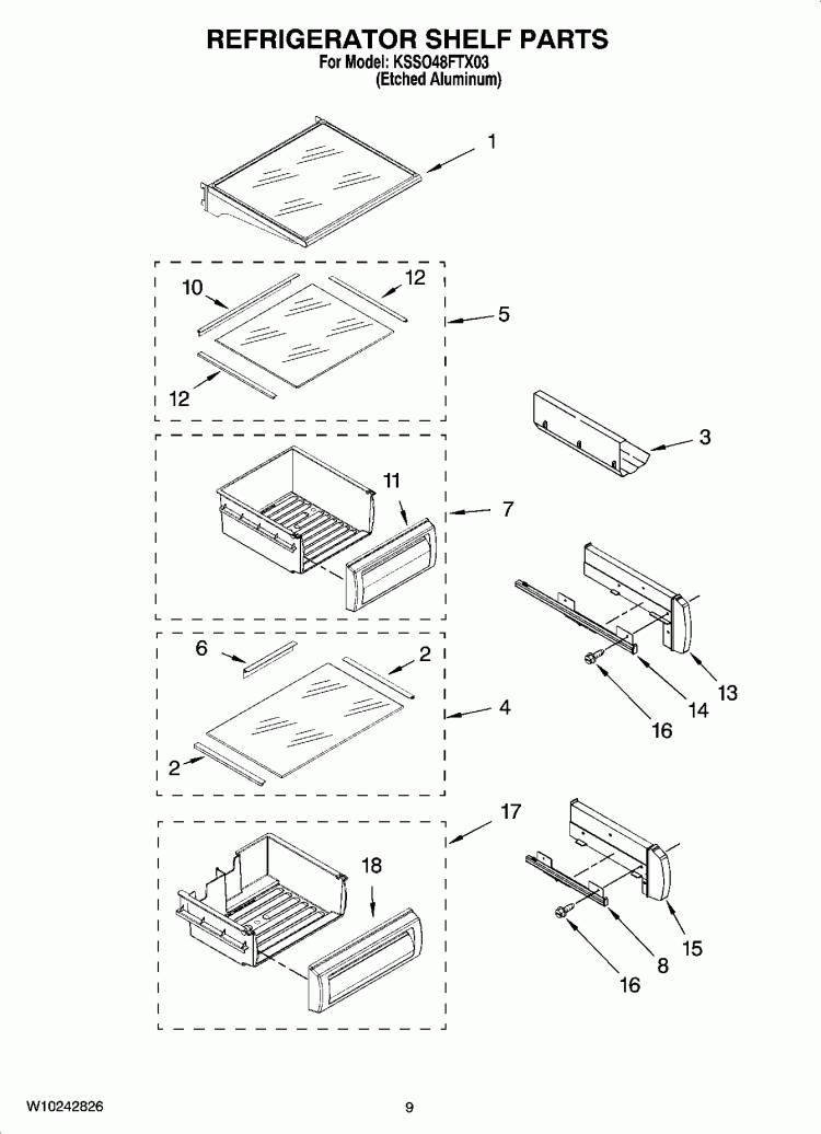 REFRIGERATOR SHELF PARTS Diagram and Parts List for KSSO48FTX03  KitchenAid Refrigerator
