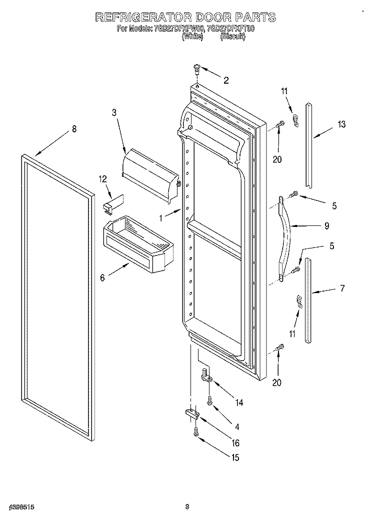 REFRIGERATOR DOOR Diagram and Parts List for 7GD27DFXFT00  Whirlpool Refrigerator