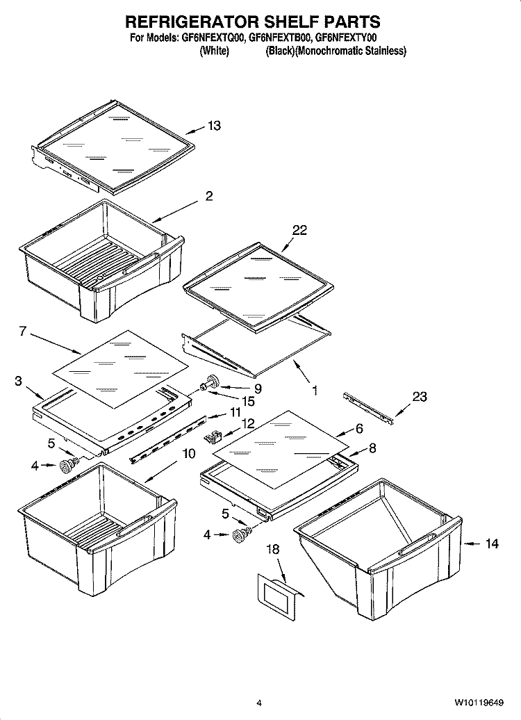 REFRIGERATOR SHELF PARTS Diagram and Parts List for GF6NFEXTB00  Whirlpool Refrigerator