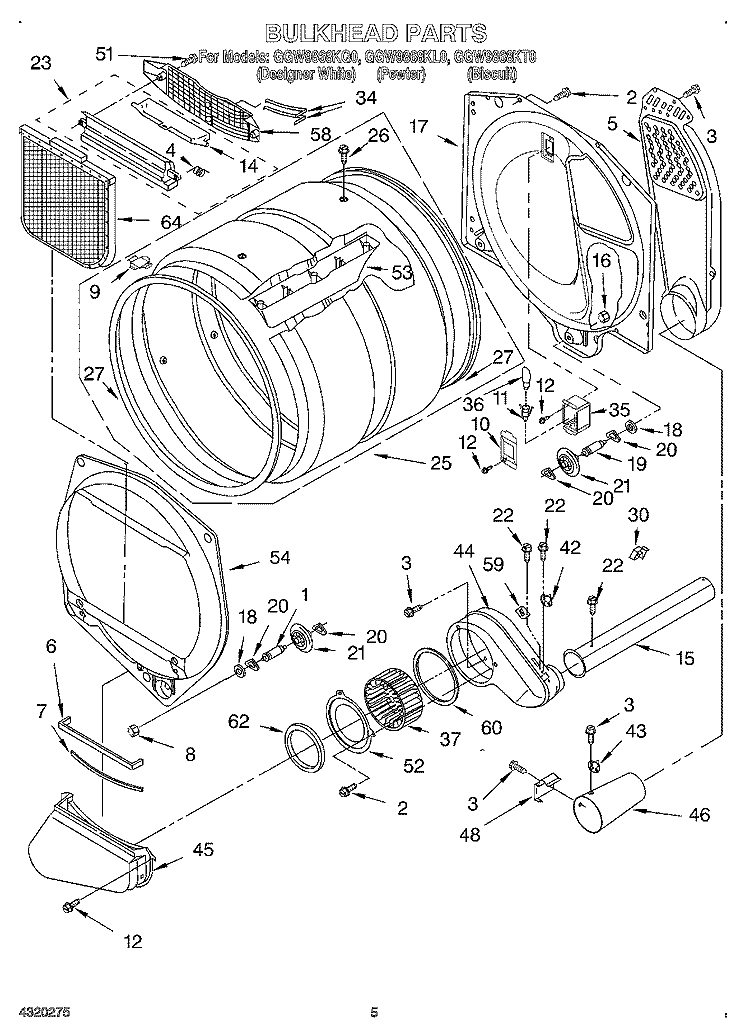 BULKHEAD Diagram and Parts List for GGW9868KL0  Whirlpool Dryer