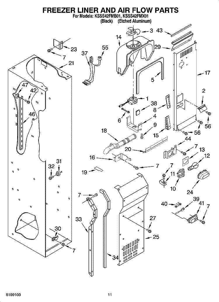 FREEZER LINER AND AIR FLOW PARTS Diagram and Parts List for KSSS42FMX01  KitchenAid Refrigerator