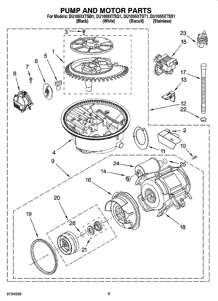 PUMP AND MOTOR PARTS Diagram and Parts List for DU1055XTSB1  Whirlpool Dishwasher