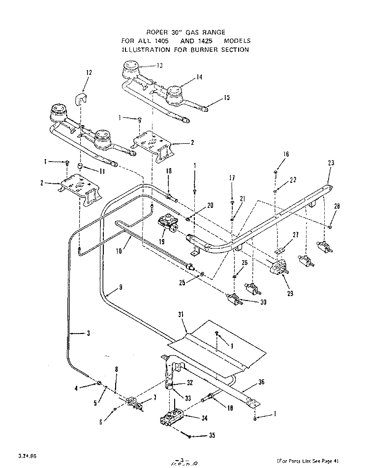 BURNER Diagram and Parts List for 1405W0A  Roper Range