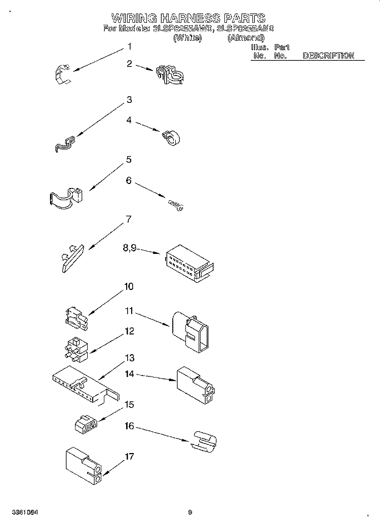 WIRING HARNESS Diagram and Parts List for 3LSP8255AW0  Whirlpool Washer