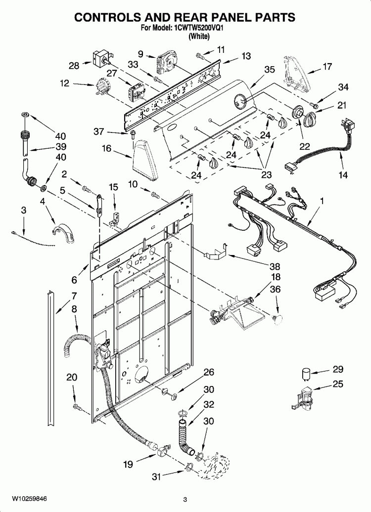 CONTROLS AND REAR PANEL PARTS Diagram and Parts List for 1CWTW5200VQ1  Whirlpool Washer