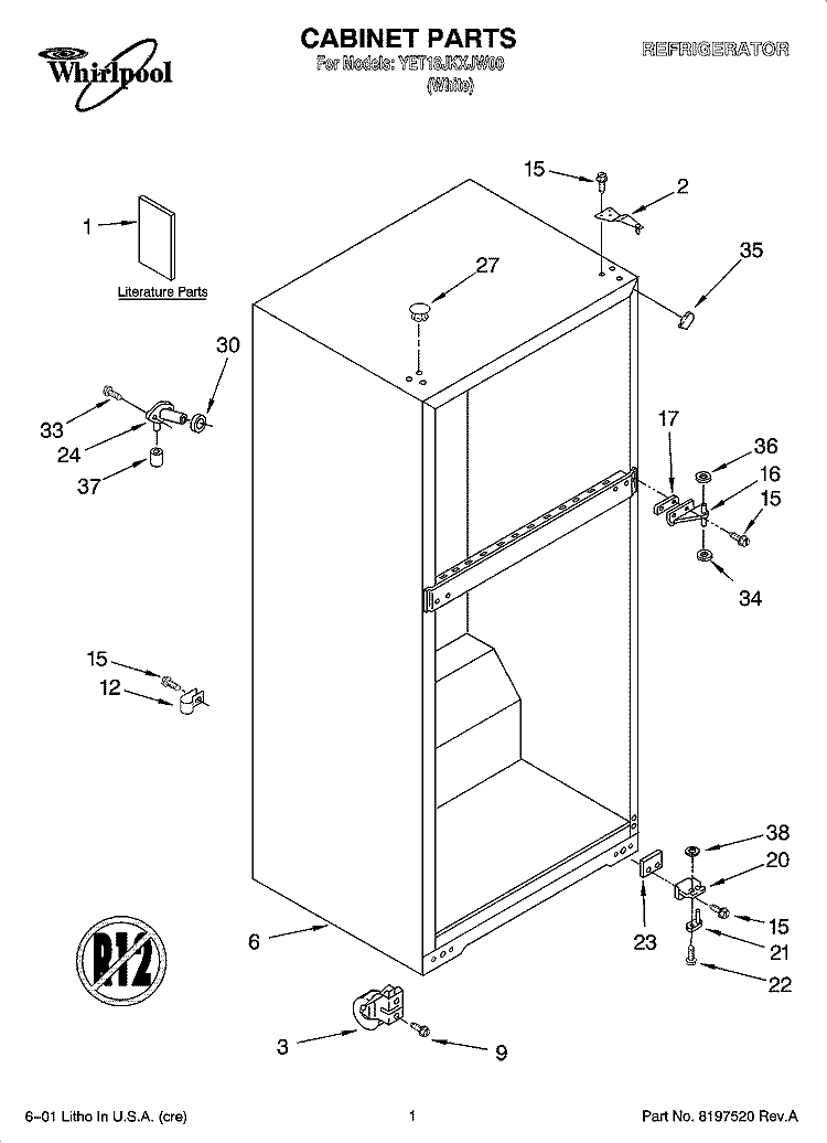 CABINET PARTS Diagram and Parts List for YET18JKXJW00  Whirlpool Refrigerator