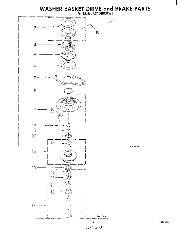 WASHER BASKET DRIVE AND BRAKE Diagram and Parts List for LC4500XMW1  Whirlpool Washer