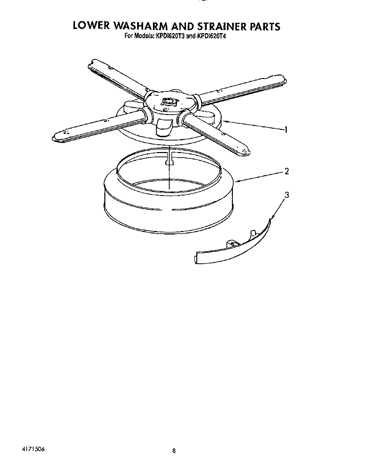 LOWER WASHARM AND STRAINER Diagram and Parts List for KPDI620T3  KitchenAid Dishwasher