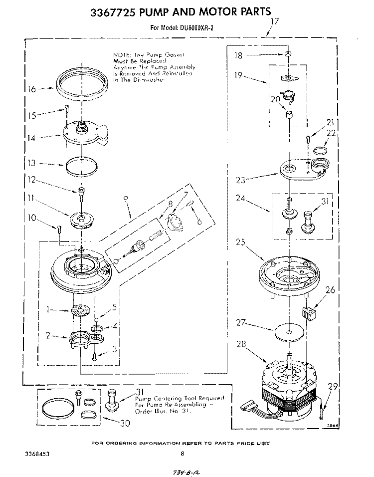 3367725 PUMP AND MOTOR Diagram and Parts List for DU8000XR2  Whirlpool Dishwasher