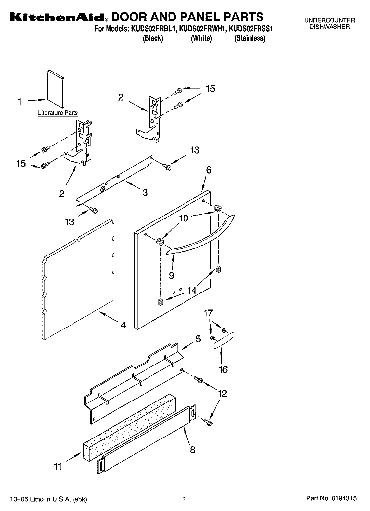 DOOR AND PANEL PARTS Diagram and Parts List for KUDS02FRWH1  KitchenAid Dishwasher