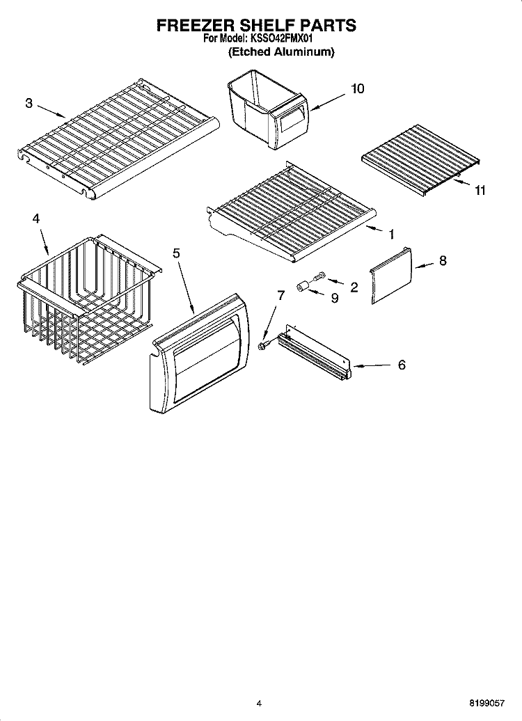 FREEZER SHELF PARTS Diagram and Parts List for KSSO42FMX01  KitchenAid Refrigerator