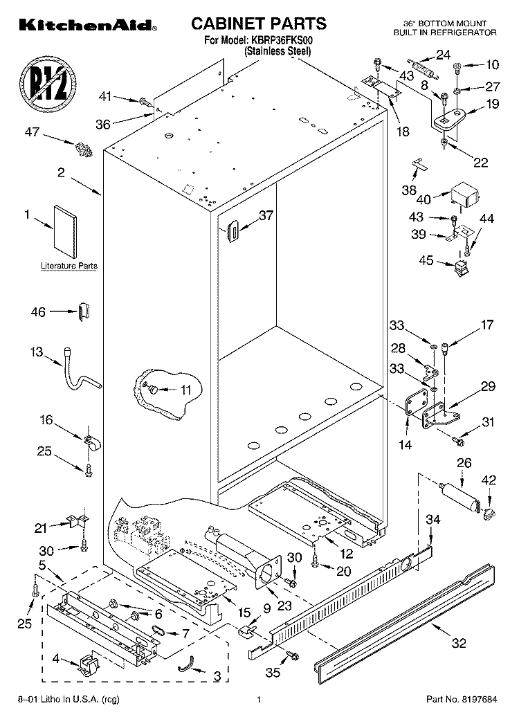 CABINET, LITERATURE Diagram and Parts List for KBRP36FKS00  KitchenAid Refrigerator