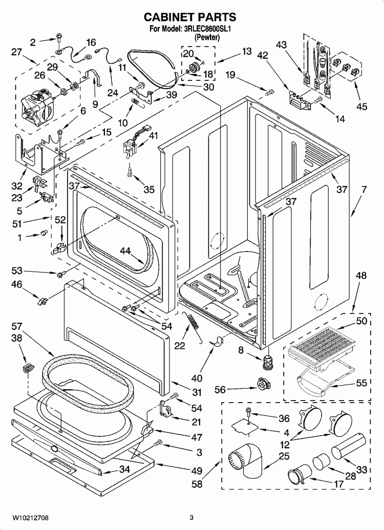CABINET PARTS Diagram and Parts List for 3RLEC8600SL1  Whirlpool Dryer