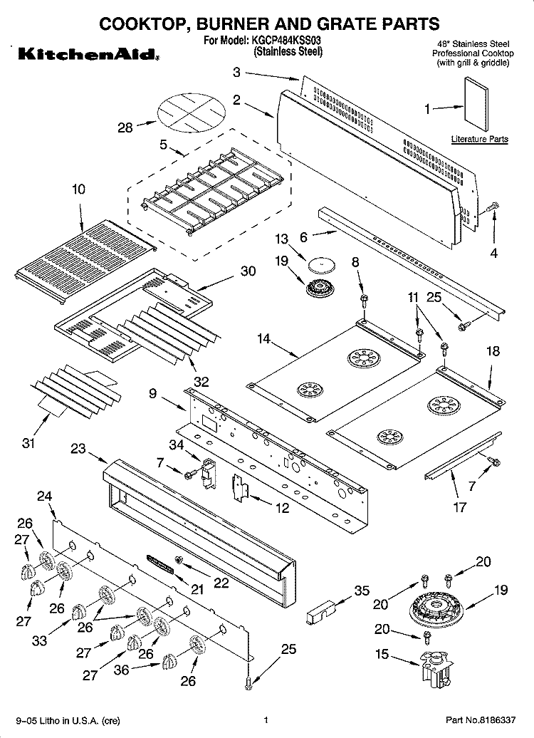 COOKTOP, BURNER AND GRATE PARTS Diagram and Parts List for KGCP484KSS03  KitchenAid Cooktop