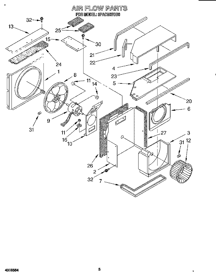 AIR FLOW Diagram and Parts List for 3PACM07DD0  Whirlpool Air Conditioner