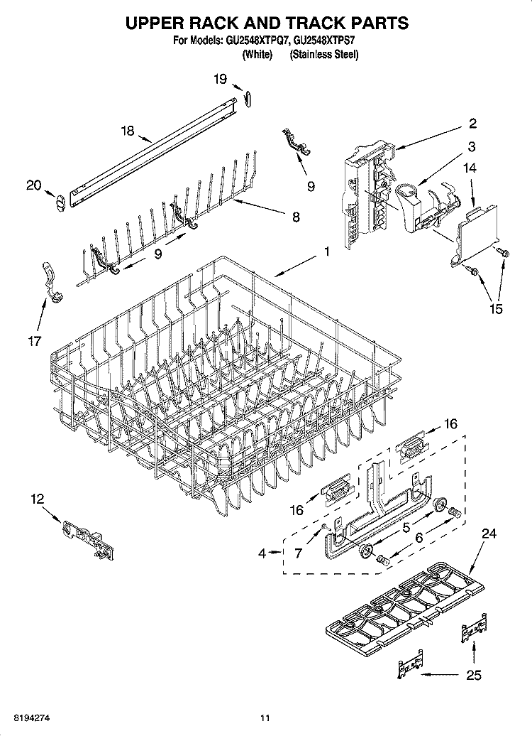 UPPER RACK AND TRACK PARTS Diagram and Parts List for GU2548XTPQ7  Whirlpool Dishwasher