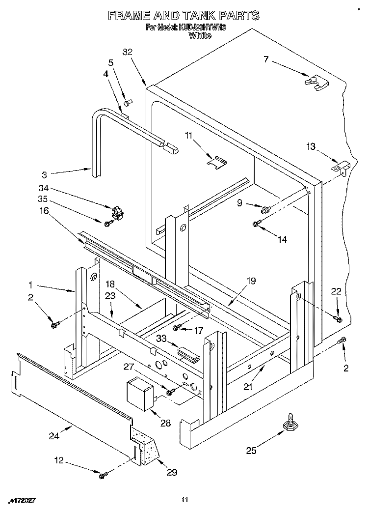 FRAME AND TANK Diagram and Parts List for KUDJ23HYWH3  KitchenAid Dishwasher