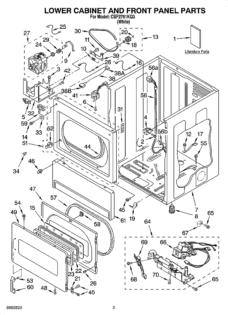 LOWER CABINET AND FRONT PANEL PARTS Diagram and Parts List for CSP2761KQ3  Whirlpool Dryer