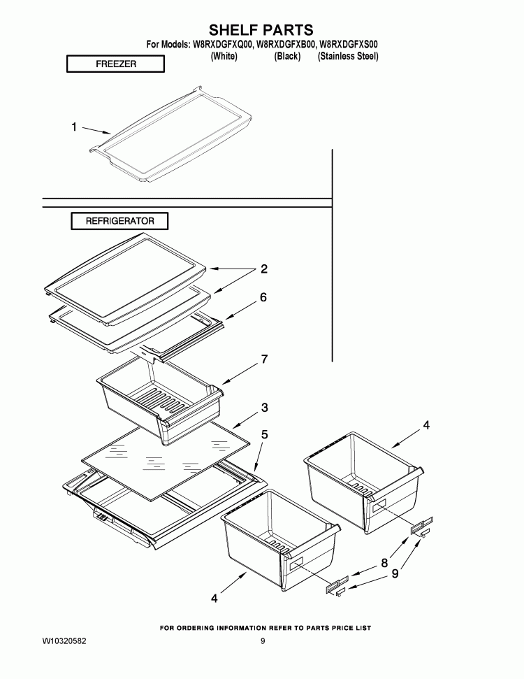 SHELF PARTS Diagram and Parts List for W8RXDGFXQ00  Whirlpool Refrigerator