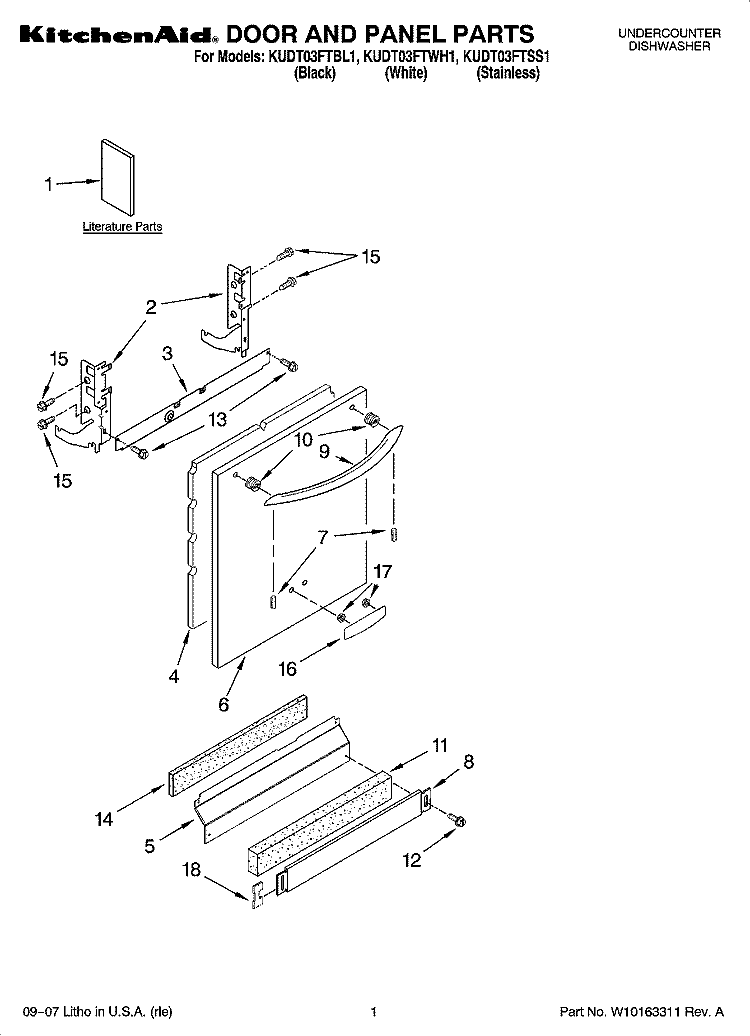 DOOR AND PANEL PARTS Diagram and Parts List for KUDT03FTBL1  KitchenAid Dishwasher