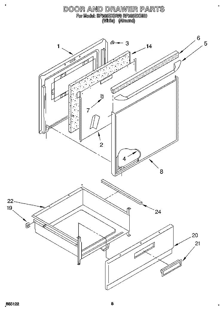 DOOR AND DRAWER Diagram and Parts List for RF366BXDW0  Whirlpool Range
