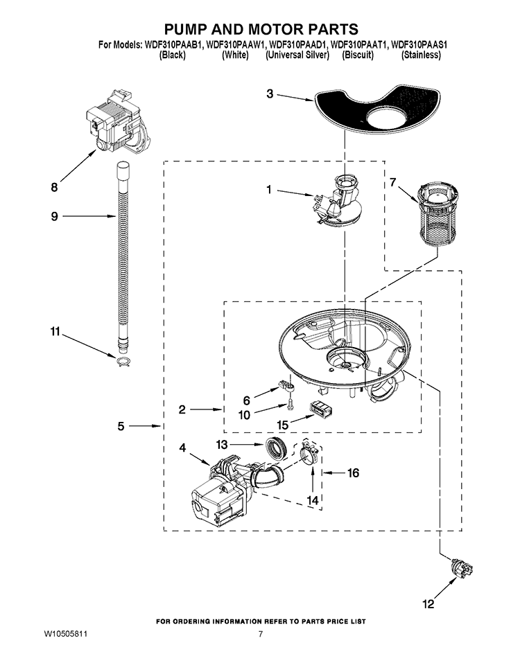 PUMP AND MOTOR PARTS Diagram and Parts List for WDF310PAAT1  Whirlpool Dishwasher