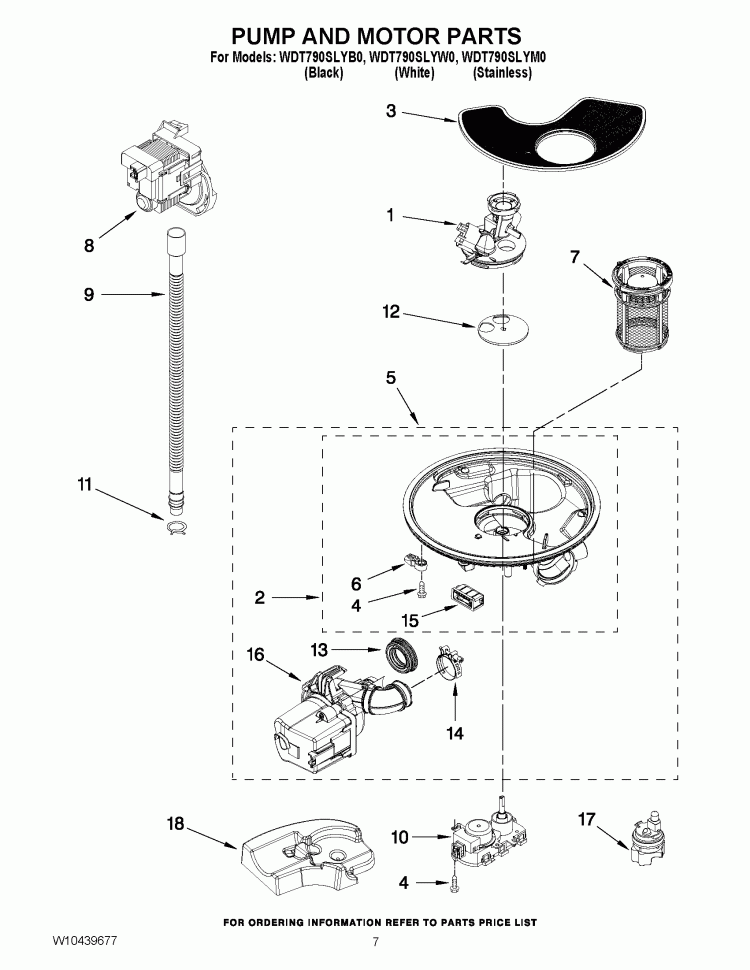 PUMP AND MOTOR PARTS Diagram and Parts List for WDT790SLYB0  Whirlpool Dishwasher