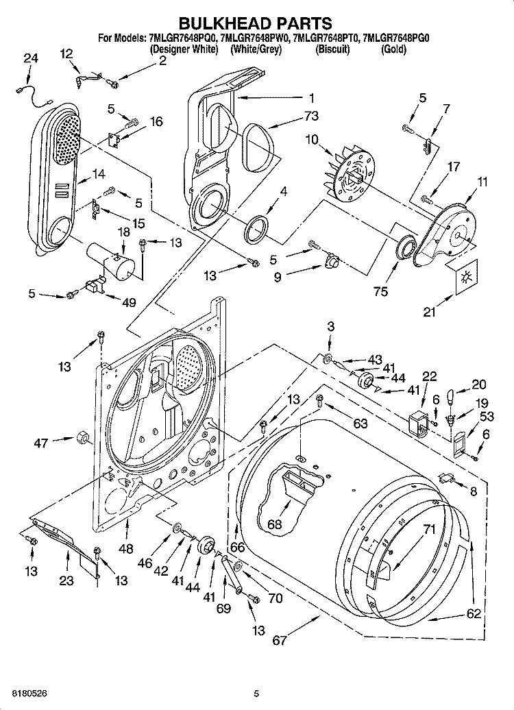 BULKHEAD PARTS Diagram and Parts List for 7MLGR7648PG0  Whirlpool Dryer
