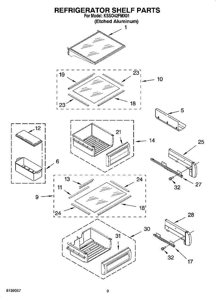 REFRIGERATOR SHELF PARTS Diagram and Parts List for KSSO42FMX01  KitchenAid Refrigerator