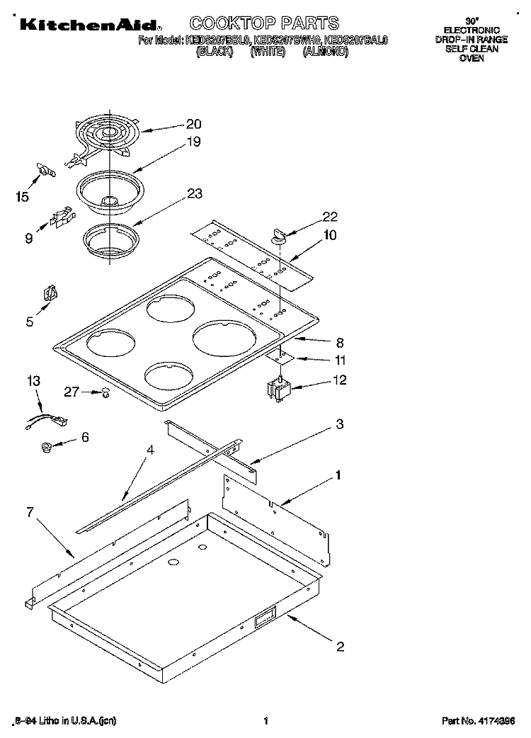 COOKTOP Diagram and Parts List for KEDS207BWH0  KitchenAid Range