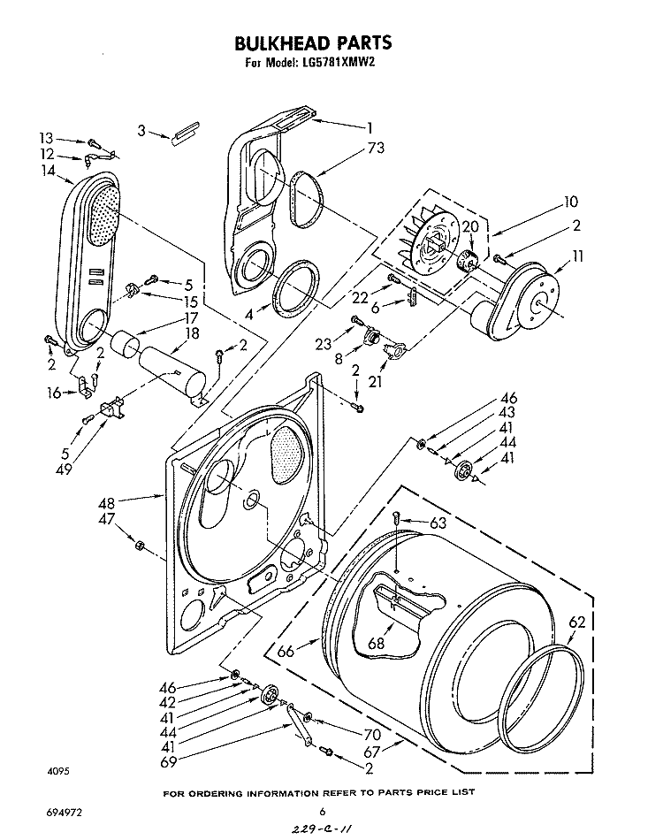 BULKHEAD Diagram and Parts List for LG5781XMW2  Whirlpool Dryer