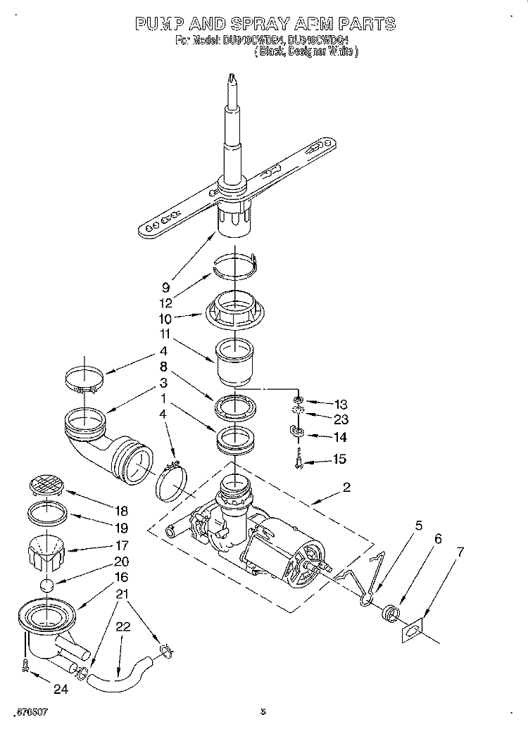 PUMP AND SPRAY ARM Diagram and Parts List for DU840CWDB4  Whirlpool Dishwasher