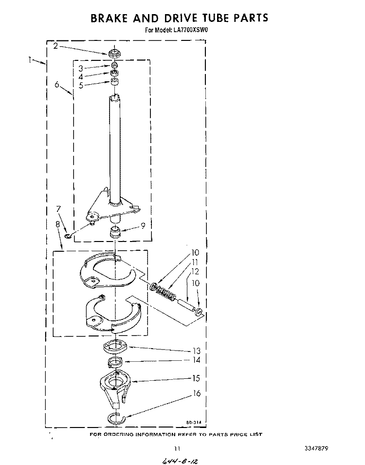 BRAKE AND DRIVE TUBE Diagram and Parts List for LA7700XSW0  Whirlpool Washer