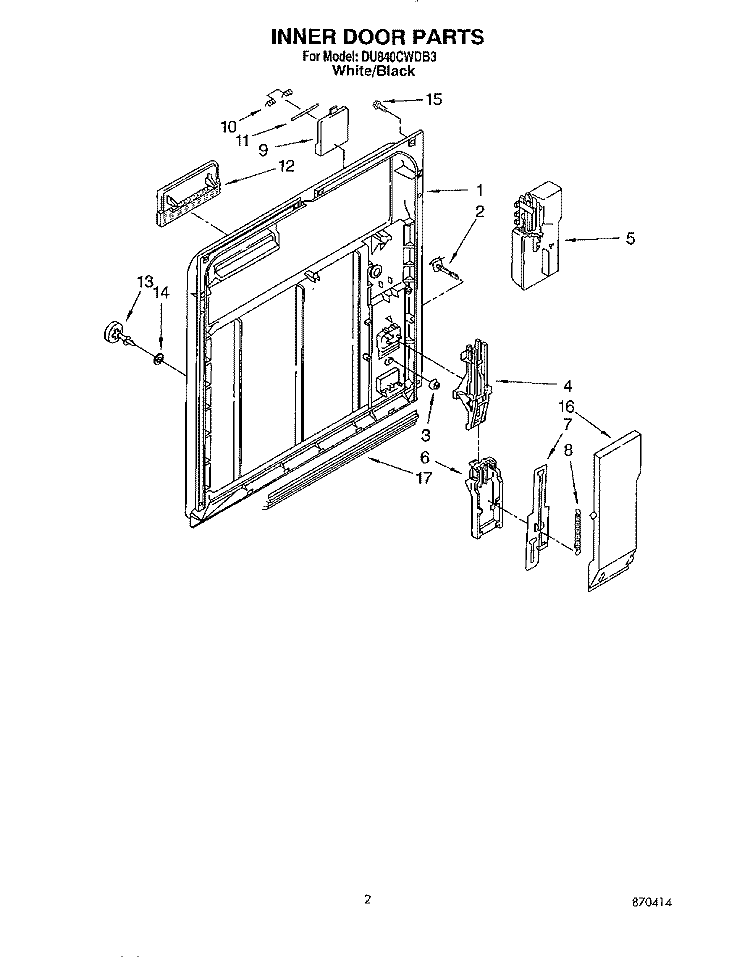 INNER DOOR Diagram and Parts List for DU840CWDB3  Whirlpool Dishwasher