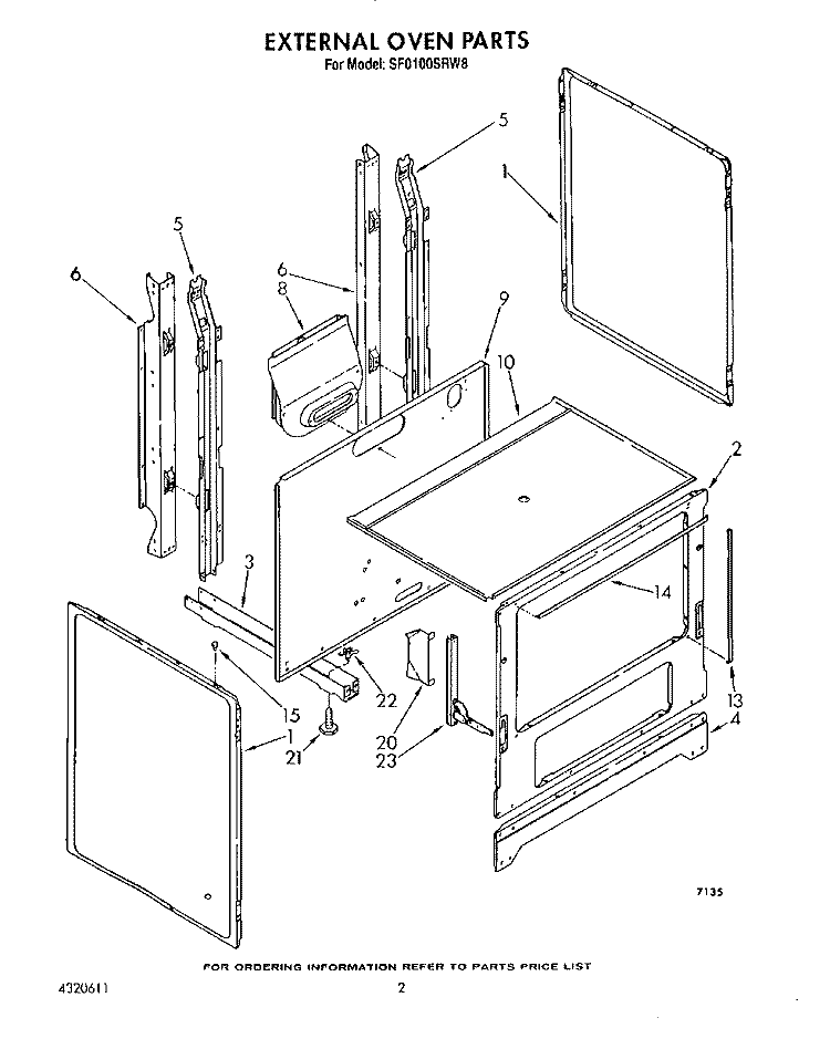 EXTERNAL OVEN Diagram and Parts List for SF0100SRW8  Whirlpool Range